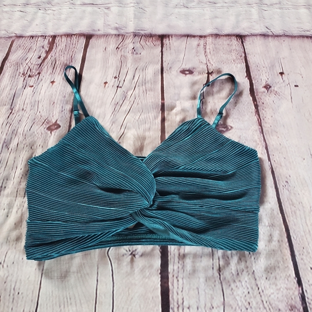 Teal Pleated Twist-front Tank Top Crop Spaghetti Straps Beachy Vacation Sexy Sm